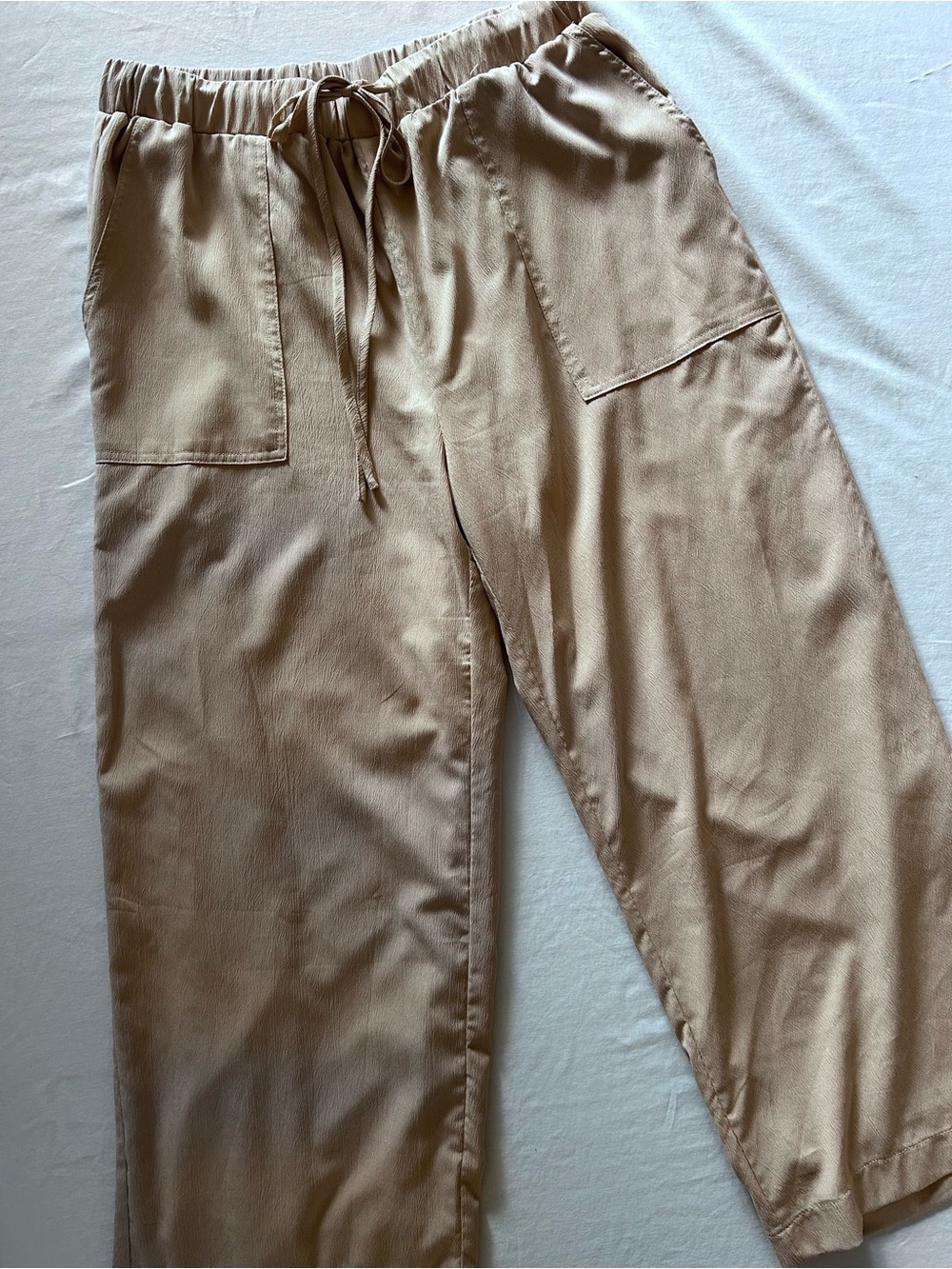 Beige Wide Leg Pull On Pants XL Drawstring Elastic Waist Pockets